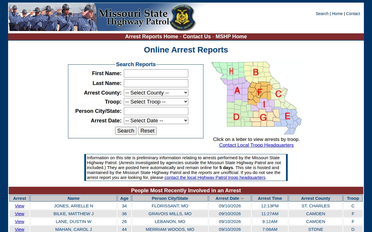 Missouri State Highway Patrol arrest reports sorted by county