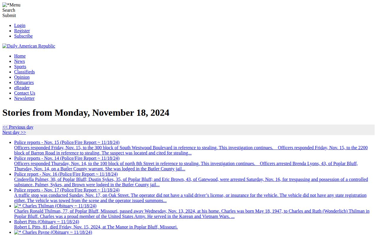 Daily American Republic dated Butler County police report items