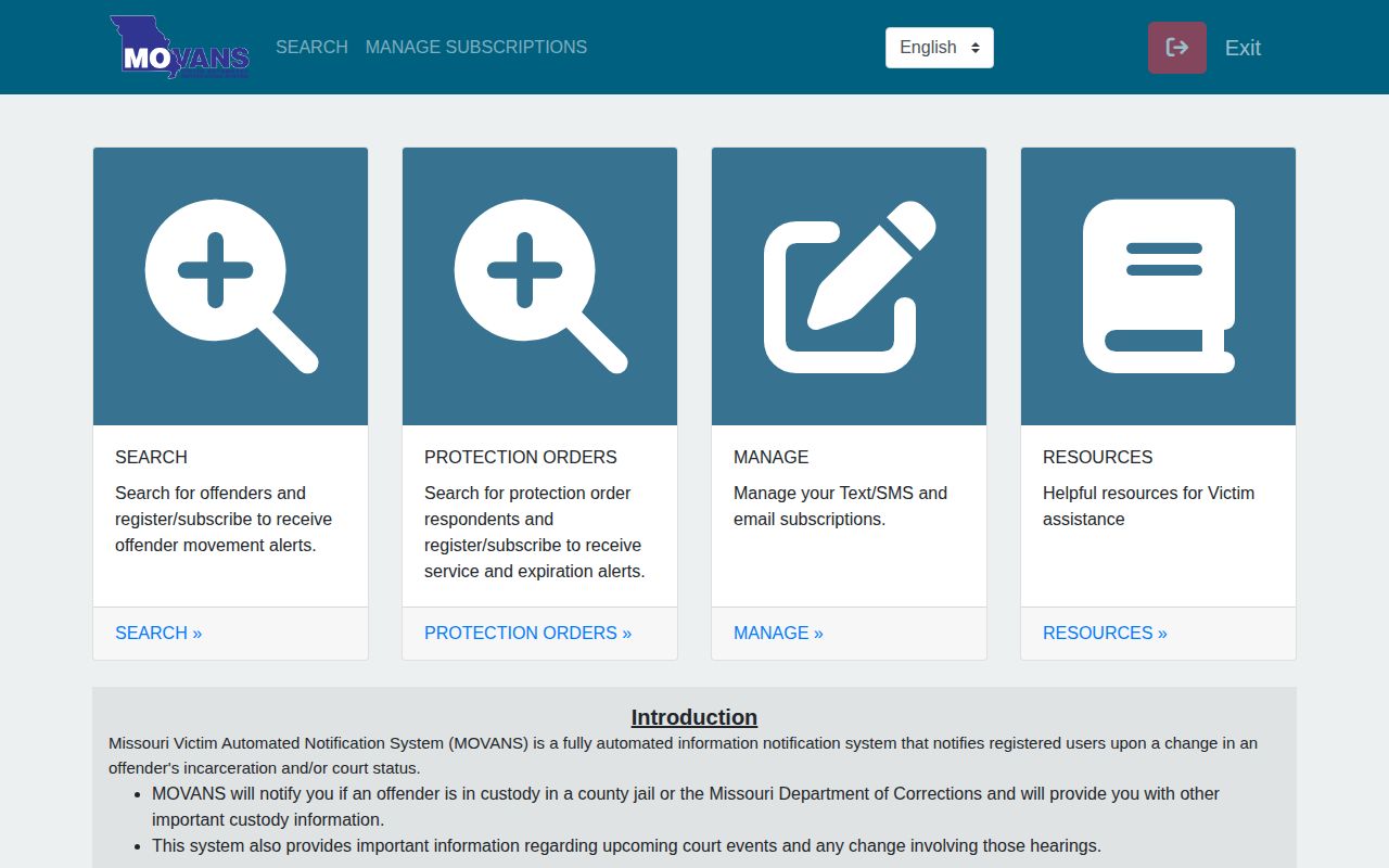 Missouri MOVANS local jail search and registration interface