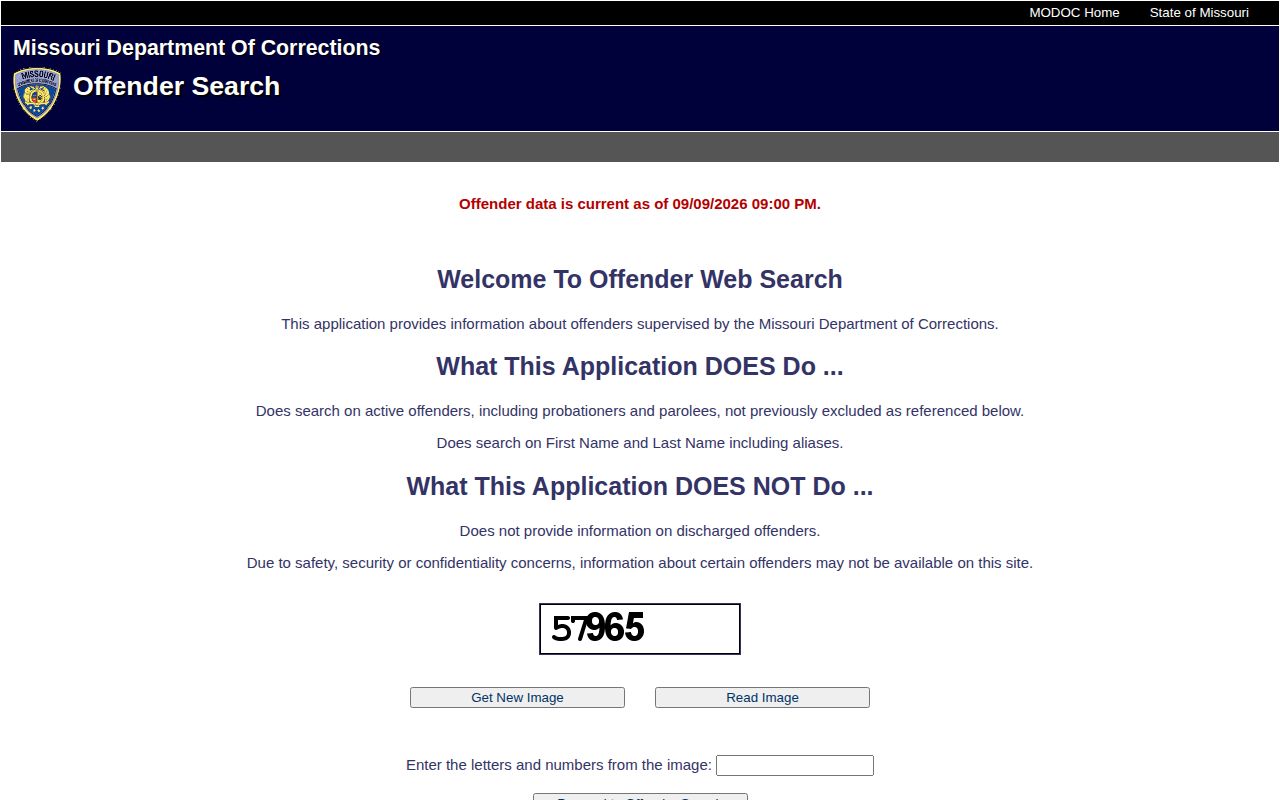 Missouri Department of Corrections offender search interface