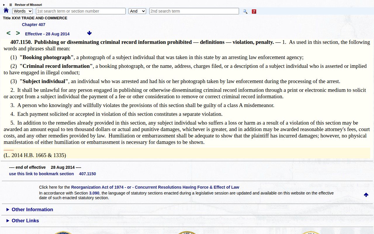 Missouri statute 407.1150 on fees for removing criminal record information